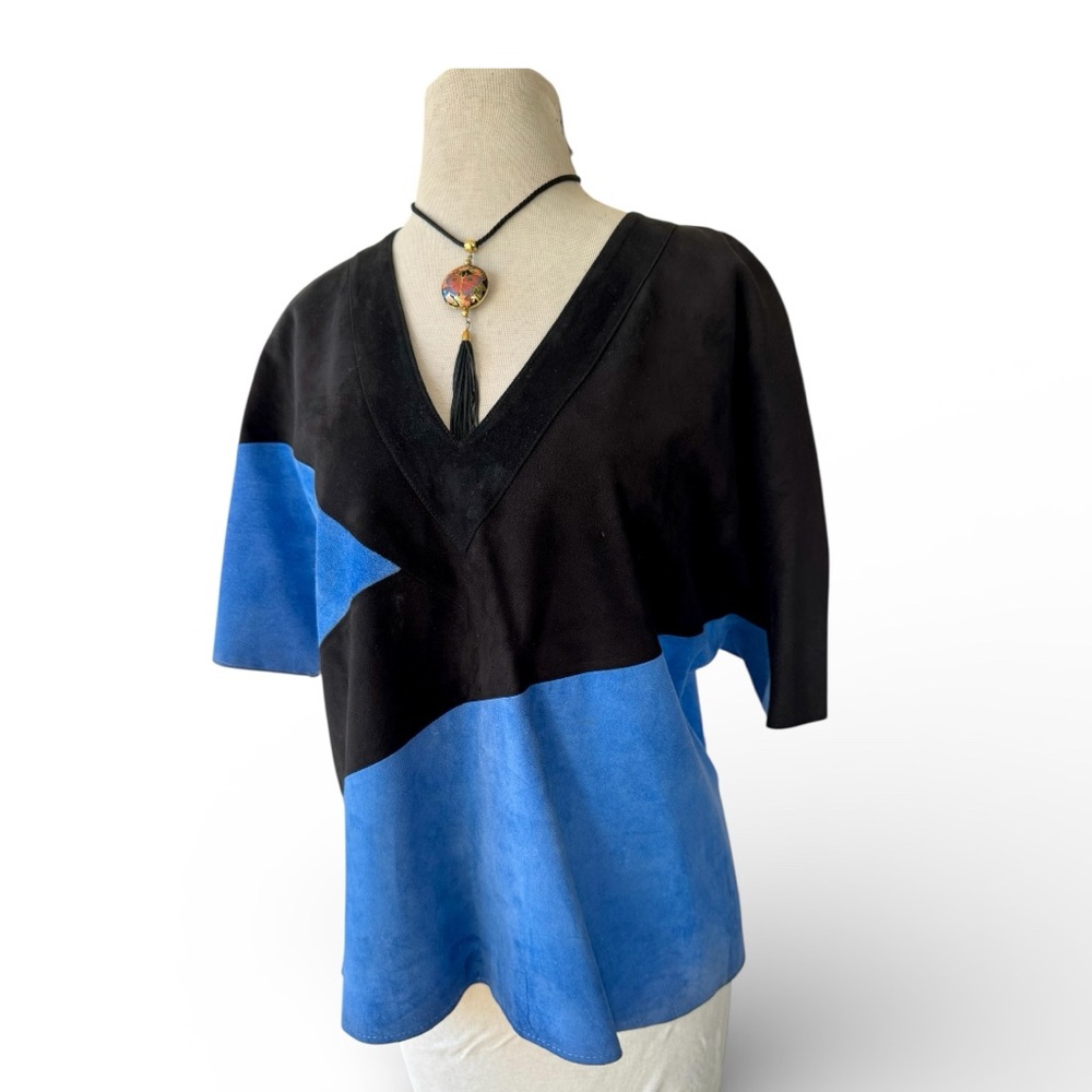 Vtg Handmade Suede Leather Colorblock Top Sz M Black Blue Boho Western